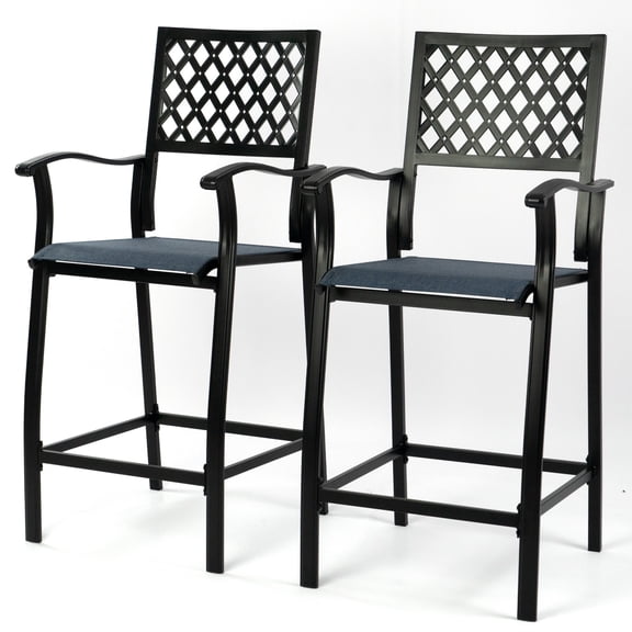 2 Pieces Patio Bar Chairs Outdoor Bar Stools with Wrought Iron Frame and Textilene Fabric for Kitchen Island Bar Poolside Backyard (NavyBlue)