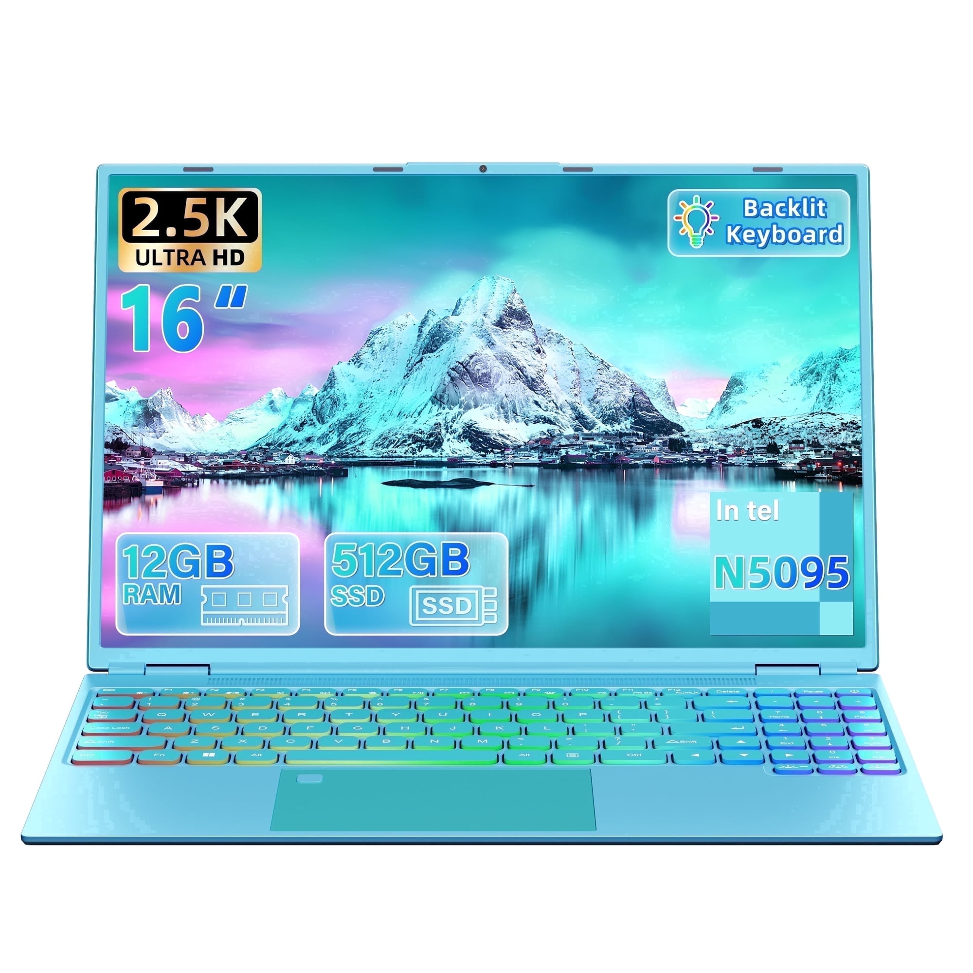 Fsjun 16" Blue Laptop, Color Backlit Keyboard, Fingerprint, (Win 11 Pro + Office 2019), Celeron N5095, 12GB DDR4 RAM, 512GB SSD, 2K FHD IPS Display – Lightweight Laptop for Study & Work