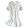 thumbnail image 2 of Xuniizn Nightgowns for Women, Lace Patch Deep V Neck Ruffle Hem Solid Color Half Sleeves Casual Satin Nightdress, Lightweight Soft Comfy Sexy Elegant Sleepwear, 2 of 5