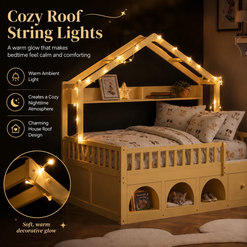 Full Size Kids Montessori Floor Bed Frame with Guardrail & Drawer, Children House Platform Bed with LED Light & Small Cat Bed
