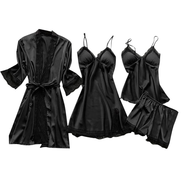 Conjunto de pijama de 4 piezas de encaje satinado para mujer: camisón con tirantes y revestimiento con relleno en el pecho, ropa de dormir sexy para todas las estaciones