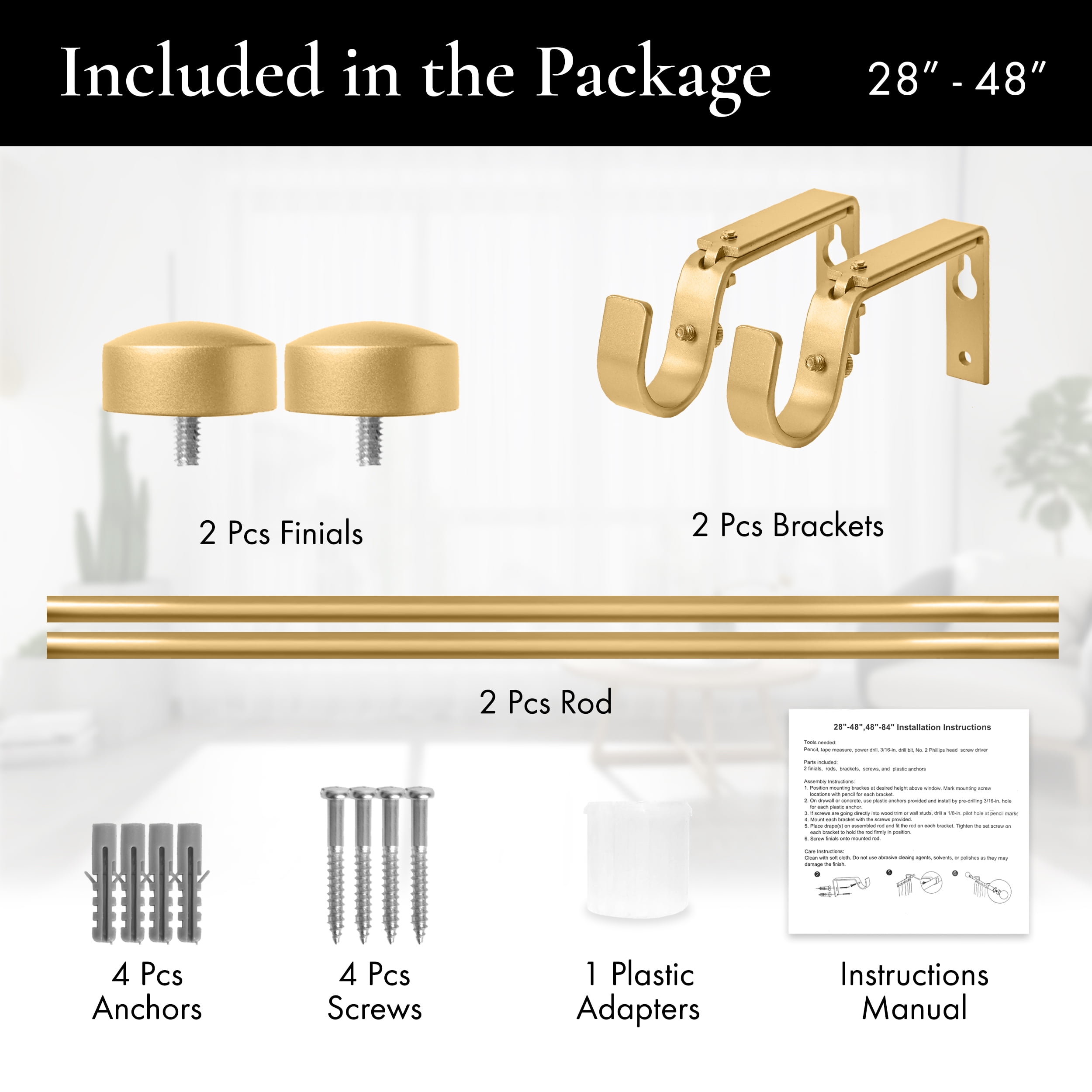 Meriville End Cap Single Curtain Rod, Gold, Adjustable 28-48 Inches, 1-Inch Diameter