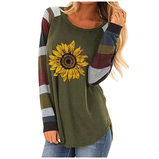 Chemises pour Femmes Imprimé Tournesol Couture Col Rond Manches Longues T-shirt Décontracté Grande Taille