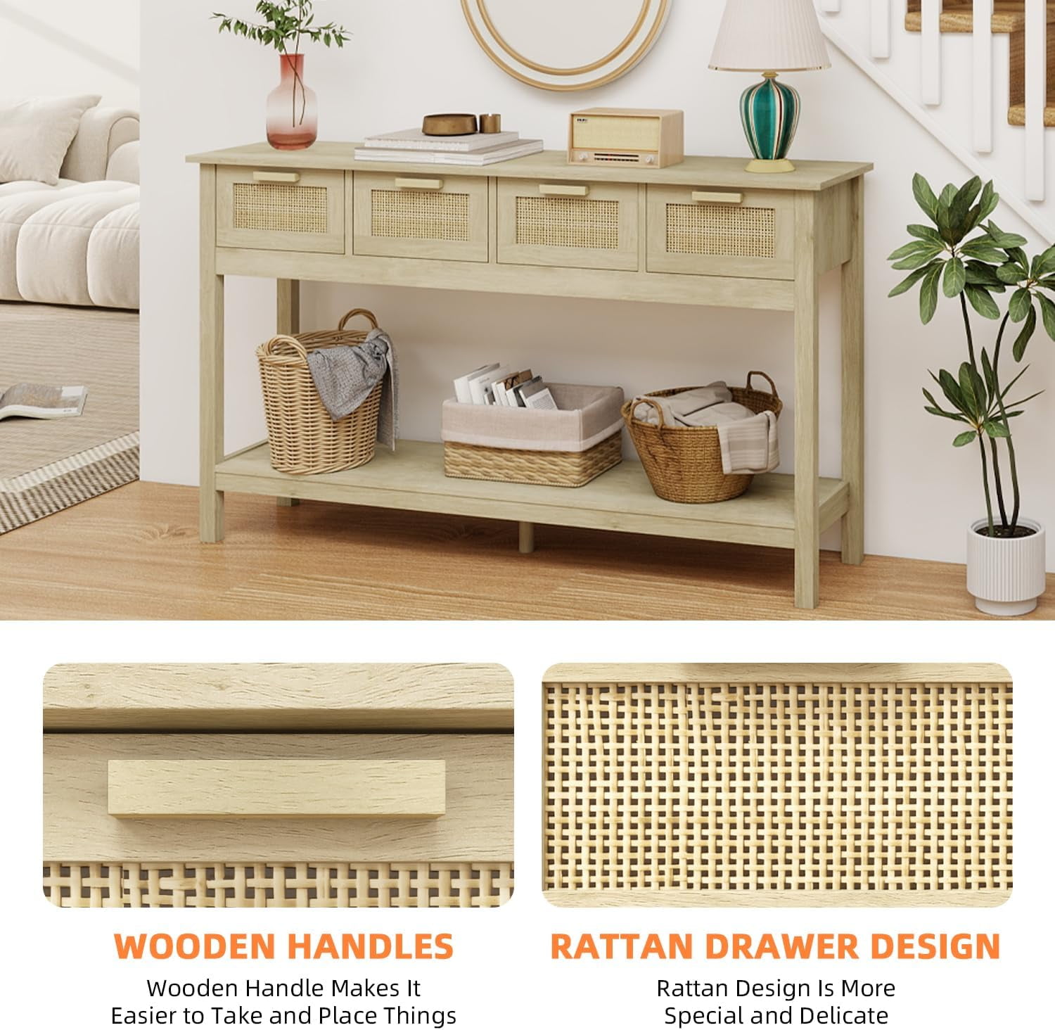LAZZO Narrow Entryway Console Table with Storage, 3 Rattan LAZZO Narrow Entryway Console Table with Storage, 3 Rattan