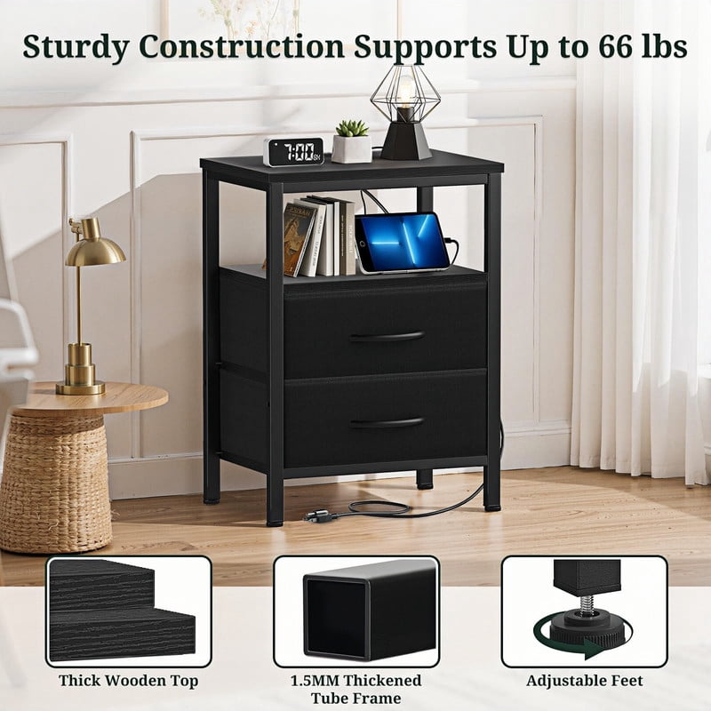 Kelno 2PCS Nightstand with 2 Fabric Drawers Charging Station USB TypeC Outlets Small Bedside Table with Open Storage Shelf, Black
