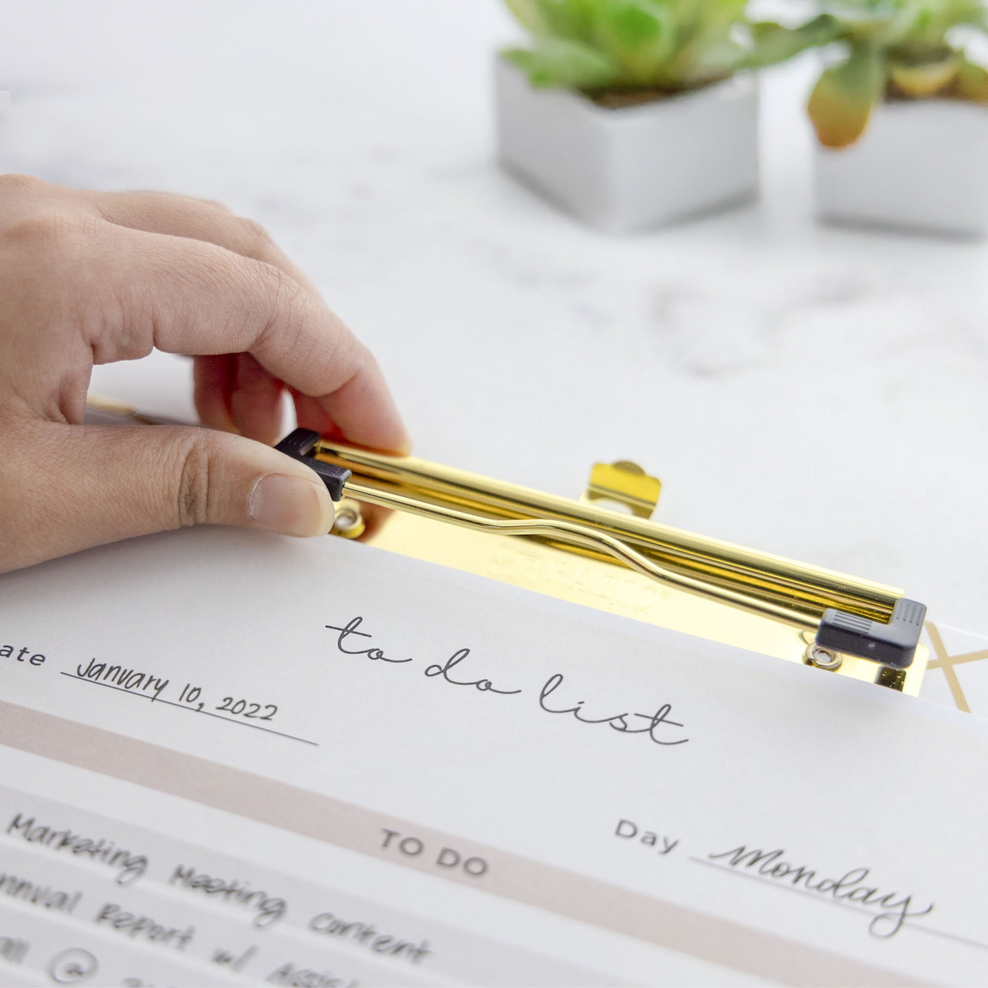 BAZIC Paperboard Clipboard Standard Size Geometric Gold Low Profile Clip, 4-Pack