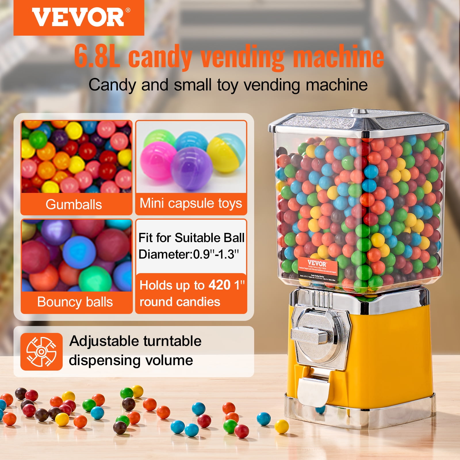 VEVOR Gumball Machine for Kids, 17"H Home Candy Vending Machine, PC Gumball Dispenser, Bubble Gum Machine for Game Stores, Coin Operated Gumball Bank