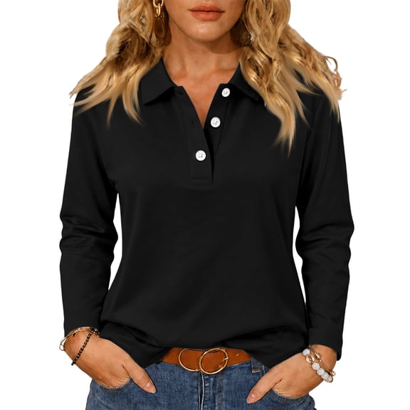 Womens Long Sleeve Polo Shirts Golf Collared Cotton Button Fall Tops,XL