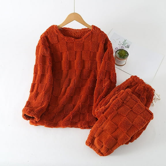 BLTIBY Coral Fleece Pajama Sets for Women 2 Piece Crew Neck Fuzzy Long Sleeve Drawstring Pants Oversized Casual Sherpa Sleepwear Outfits with Pockets Red M