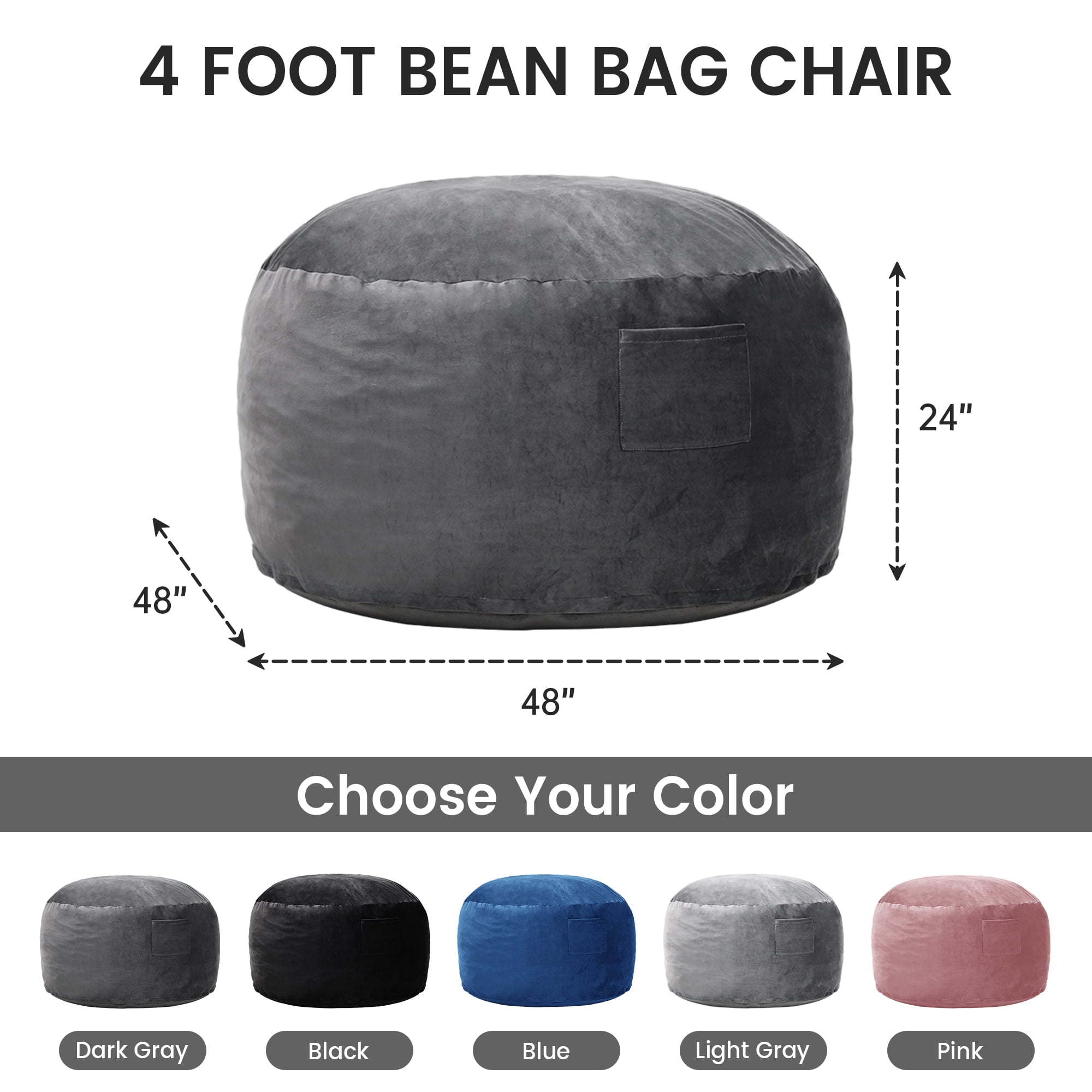 TUAREX 4FT Bean Bag Chair, Memory Foam Bean Bag Chairs for Adults, with Removable Washable Soft Suede Cover, Comfy Beanbag Sofa for Living Room, Bedroom, Dark Gray