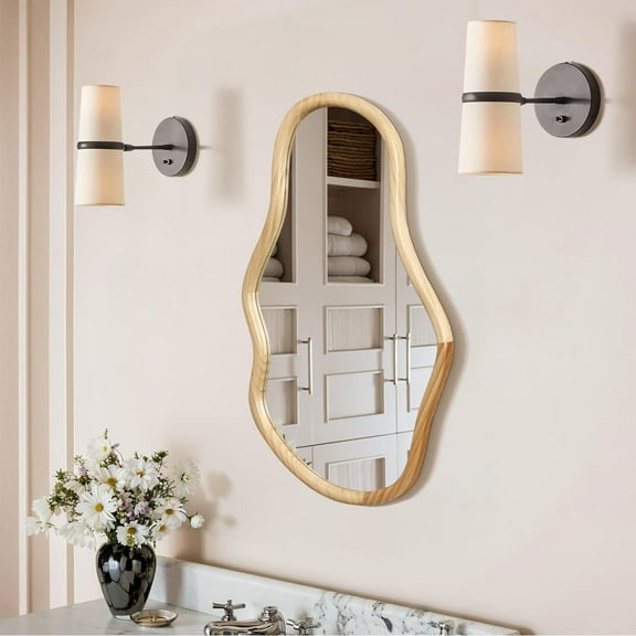 LuxenHome Natural Wall Mirror for Bathroom, Modern Decorative Vanity Mirror with Solid Wood Frame, Wall Mounted Hanging Sculptures for Living Room Bedroom Entryway