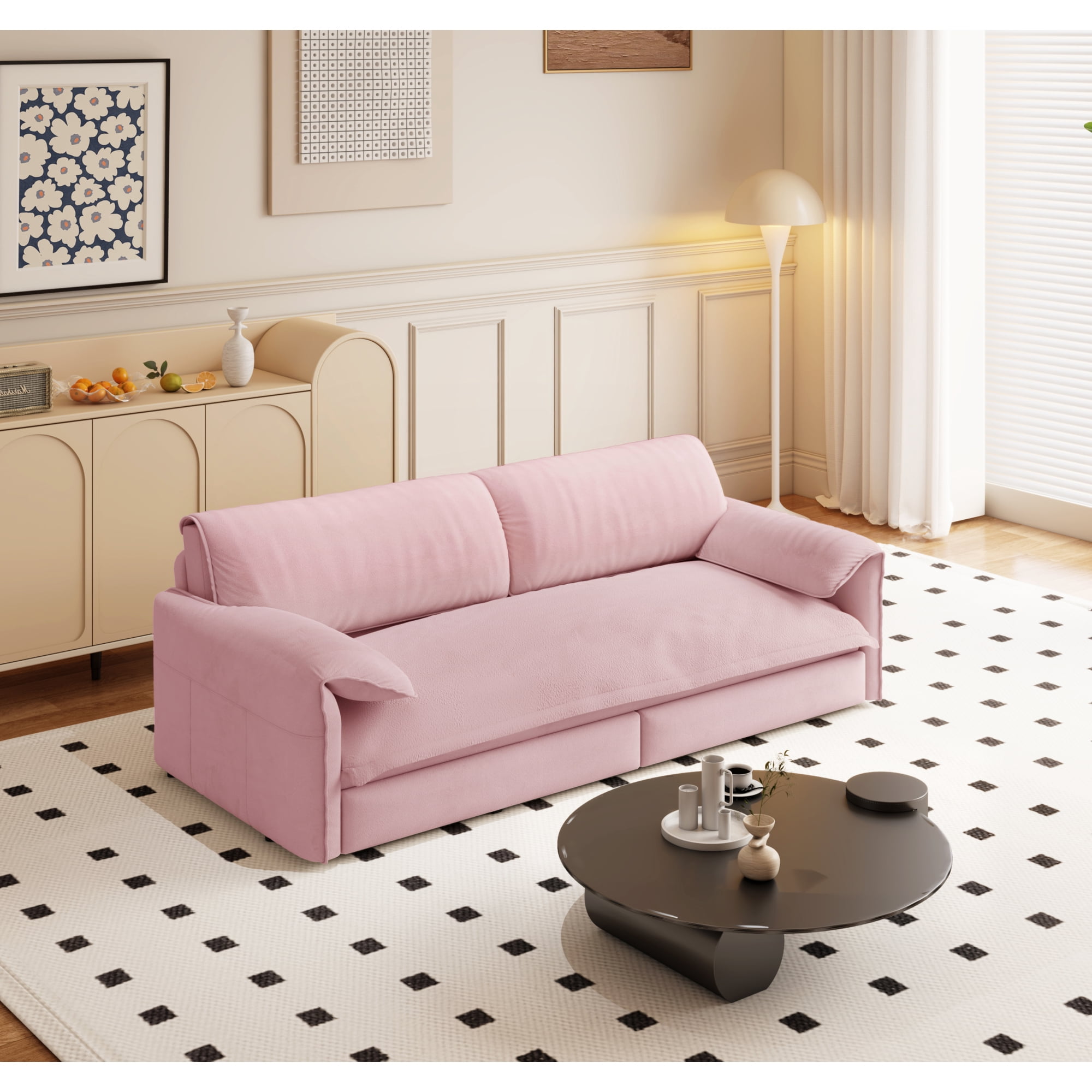 HOQBN Queen Pull Out Sofa Bed, 3-in-1 Convertible Sleeper Sofa with Side Storage,66"W Multi-Functional Velvet Loveseat Sofa Bed for Living Room,Pink