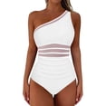 thumbnail image 4 of Maqroz Women's One Piece Swimsuit Tummy Control Deep V Neck Bathing Suit Mesh Stripes Monokini Swimwear Beach Pool Party Trendy Summer Beachwear, 4 of 9