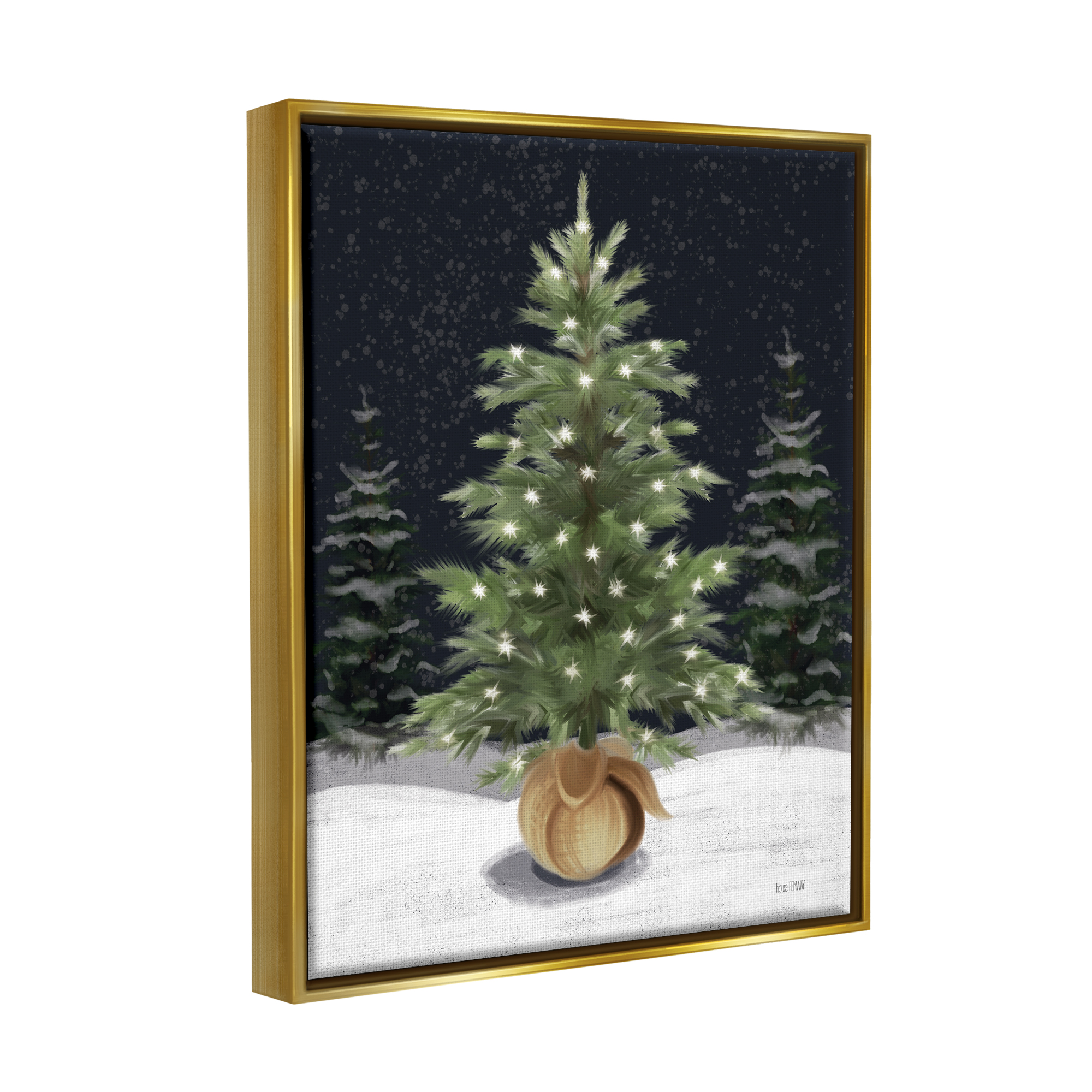 Stupell Industries Christmas Tree Snow Scene Holiday Painting Gold Floater Framed Canvas Art Print Wall Art, 17 x 21