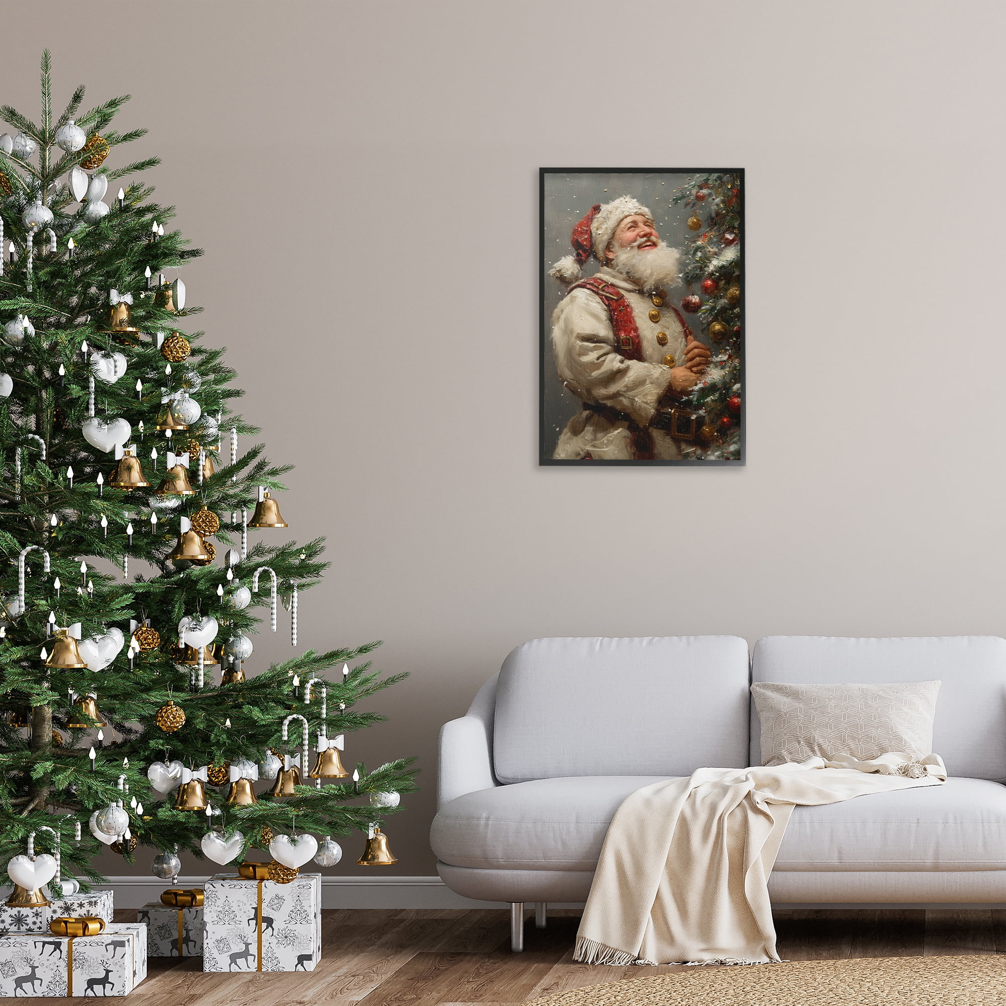 Stupell Industries Happy Santa & Tree Holiday Painting Black Framed Art Print Wall Art, 20 x 30