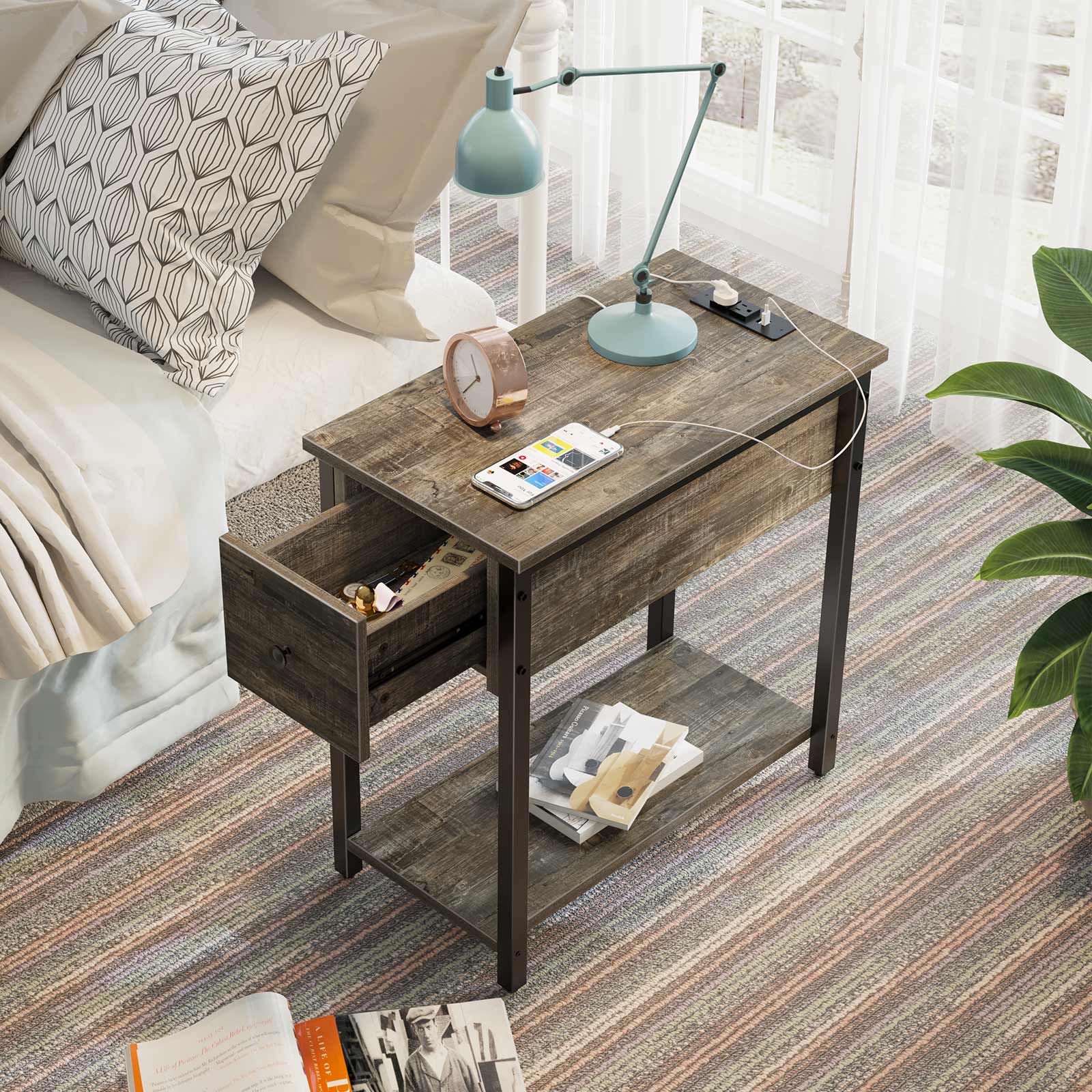 Rolanstar End Table with Charging Station for Home Office,Gray