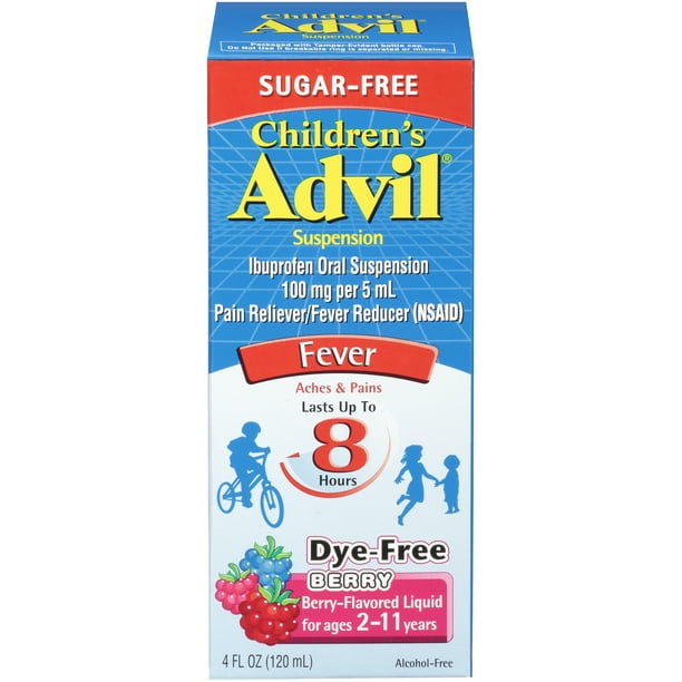 Children S Advil Sugarfree Liquid Suspension Fever Reducer Pain Reliever Ibuprofen In Dye Free Berry Flavor 100mg 4 Fl Oz Box Walmart Com Walmart Com