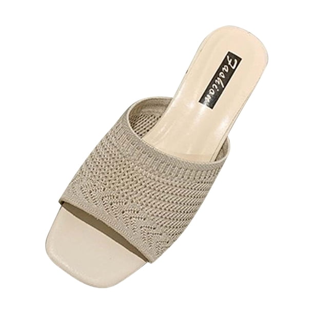 Amzcrzy Zapatos de mujer,Zapatos de mujer,Zapatillas de mujer, Sandalias de tacón grueso acanaladas para mujer, elegantes sandalias tipo mule de tela blanca. Sandalias Mujer Zapatillas De Casa