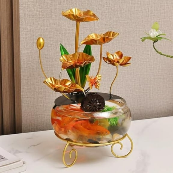 Luxury Creative Lotus Fishbowl Ornament, Decorative Indoor Water Fountain with Leaves and Flowing Water Feature for Home, Office Desk, Patio, Or Garden Décor(Butterfly)