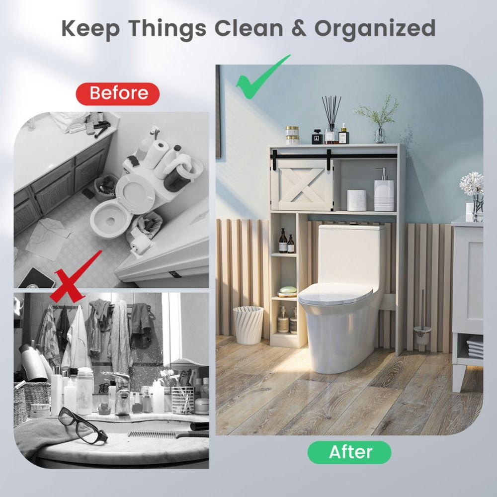 Finihen Toilet Storage Cabinet, Bathroom Cabinet Organizer, 4-Tier Over The Toilet Storage Cabinet with Sliding Barn Door and Storage Shelves, for Bathroom, White