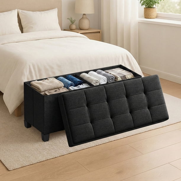 SONGMICS Puff Almancenaje, Banco Almacenaje, 38 x 110 x 40 cm, Taburete con Reposapiés, Banco con Almacenamiento, Plagable, para Salón, Dormitorio, Negro