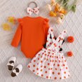 thumbnail image 4 of CONFREE Toddler Baby Girl Halloween Outfits Long Sleeve Cute Pumpkin Ghost Embroidered Bodysuit Suspender Skirt With Hairband 3Pcs Hallowmas Outfit Set Fall Clothing Set, 4 of 9