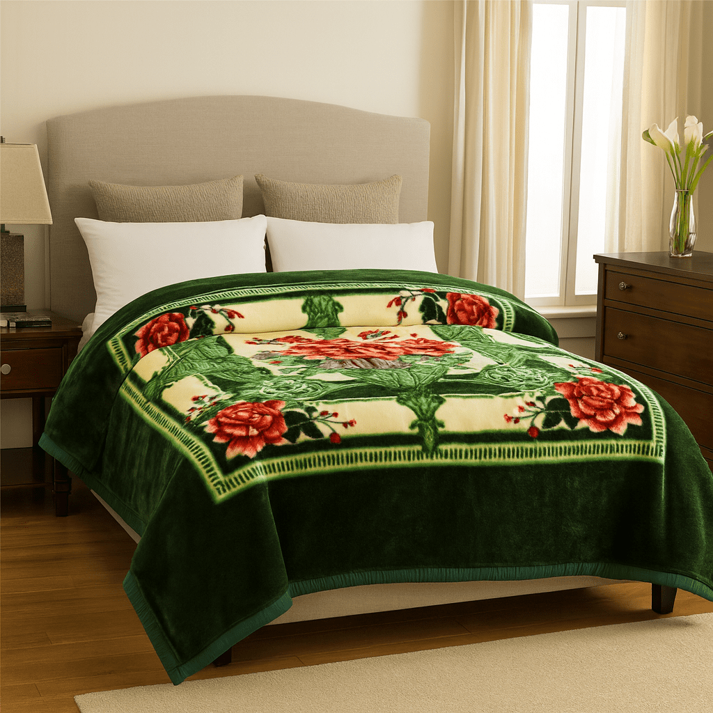 DBOZE King Size Heavyweight Faux Mink Blanket – 2 Ply Reversible Plush Fleece, Silky Soft & Warm, Green Rose Floral Pattern,  Luxury Gift ，Green/Red
