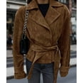 thumbnail image 5 of Women Faux Suede Leather Jacket Vintage Casual Cropped Wrap Coat with Belt Brown M, 5 of 9