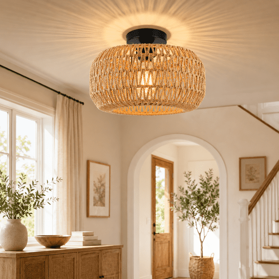 DONGPAI Boho Light Fixtures Ceiling Mount, 11.8" Rattan Mini Chandelier Hand Woven Wicker Semi Flush Mount Ceiling Light for Bedroom Kitchen Hallway Entryway Living Room (Bulb Included)