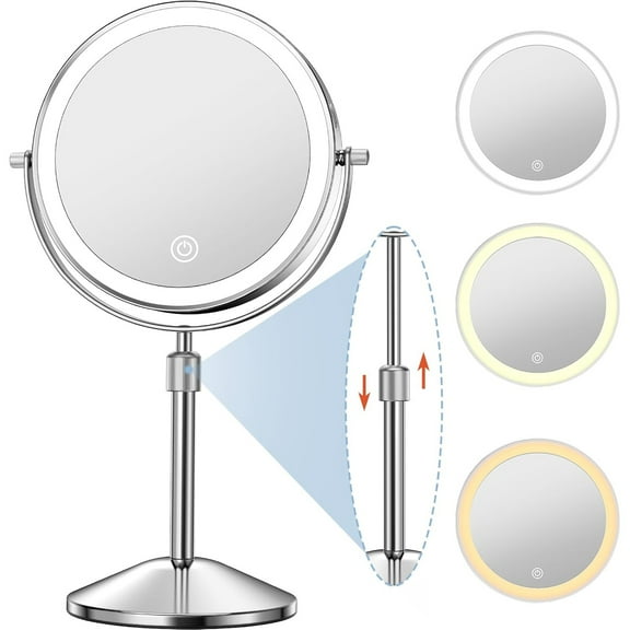 Vanity Mirror with Lights 7" Rechargeable 1x/10x Lighted Makeup Mirror Adjustable Height Double Sided Mirror with Lights 360°Rotating Makeup Mirror