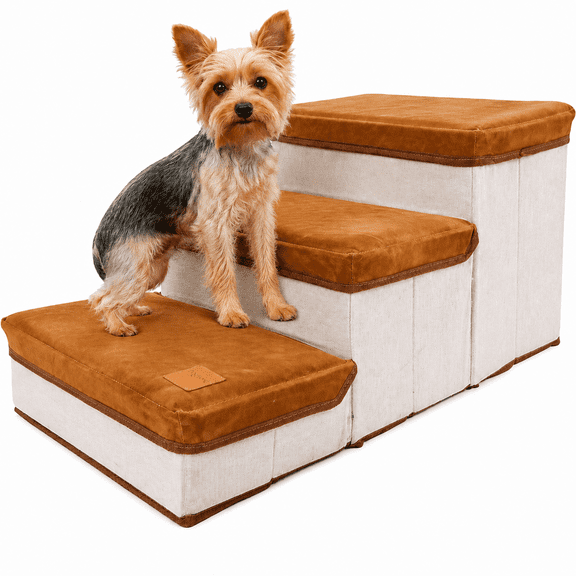 Dog Stairs, Foldable Pet Steps with Storage for Bed or Couch, Cat & Dog Ramp with Washable Plush Cover,Brown