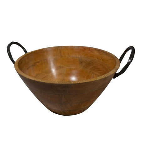 - Elements 15.5 Inch Round Bowl in Mango Wood with Metal Handles
