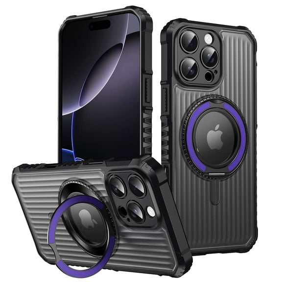 For iPhone 14 Magnetic Phone Case,360°Rotatable Ring Kickstand,Compatible with Mag-Safe,4 Thickened Corners Protective,Clear Logo View,Shockproof Non-slip Translucent Phone Case,Purple