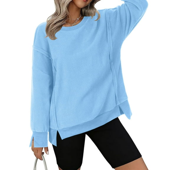 Qetyuw Fuzzy Sweatshirt for Women Oversized Crew Neck Pullover Drop Shoulder Long Sleeve Split Hem Sweatshirts