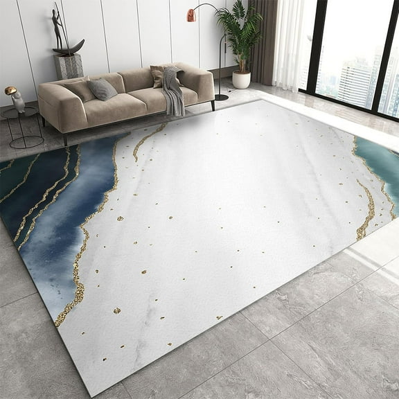Modern White Teal Marble Area Rugs, Simple Golden Speckled Washable Rug, Soft Non-Slip Durable Low Pile Carpet for Living Room Bedroom Office Kitchen Entryway Hallway 2'x3'