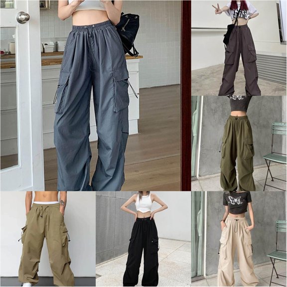 DHFJKG Womens Parachute Cargo Pants Wide Leg Baggy Streetwear Casual Drawstring Y2K Joggers With Multi Pockets