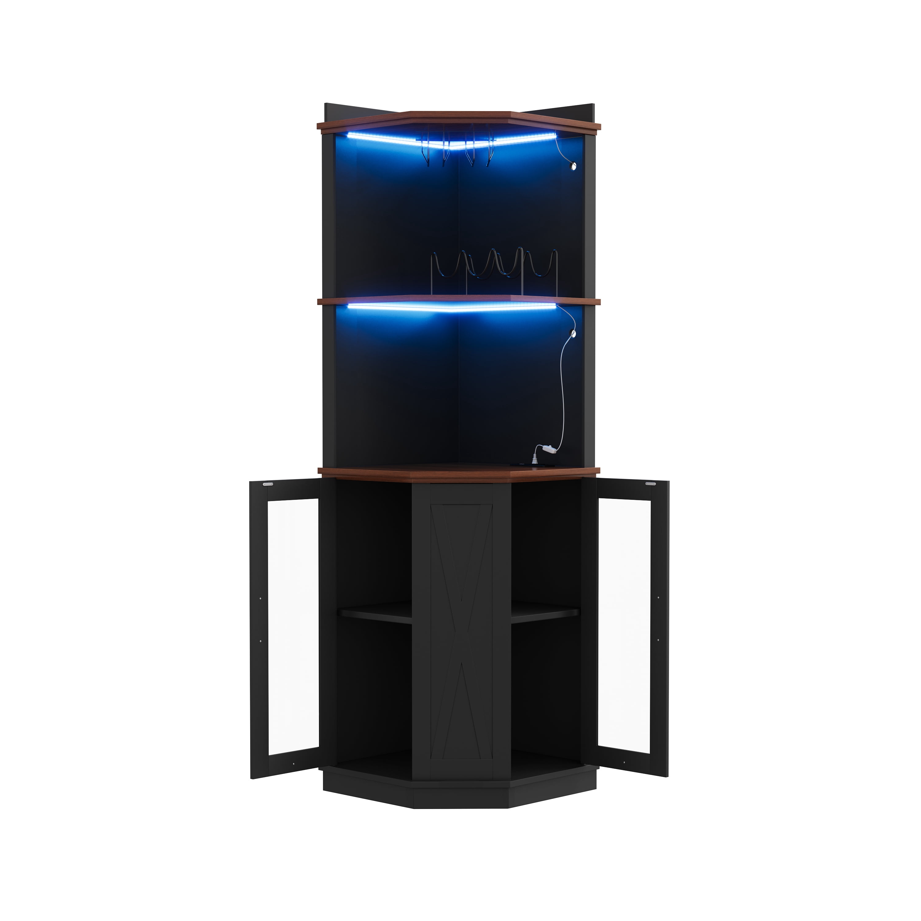 GARITIN 67.3 Inch Corner Bar Cabinet with Power Outlet, Farmhouse Wine Bar Cabinet with Adjustable Shelves, Lights & Glass Rack for Dining Room Living Room, Black
