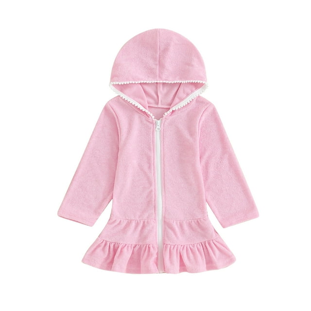 Gupgi Robe de Plage Petite Fille 3 4 5 6 7 8 Ans Enfants Manches Longues Chandail à Capuchon Cache-Maillot Tout-Petit Volant Fermeture Éclair Robe de Plage