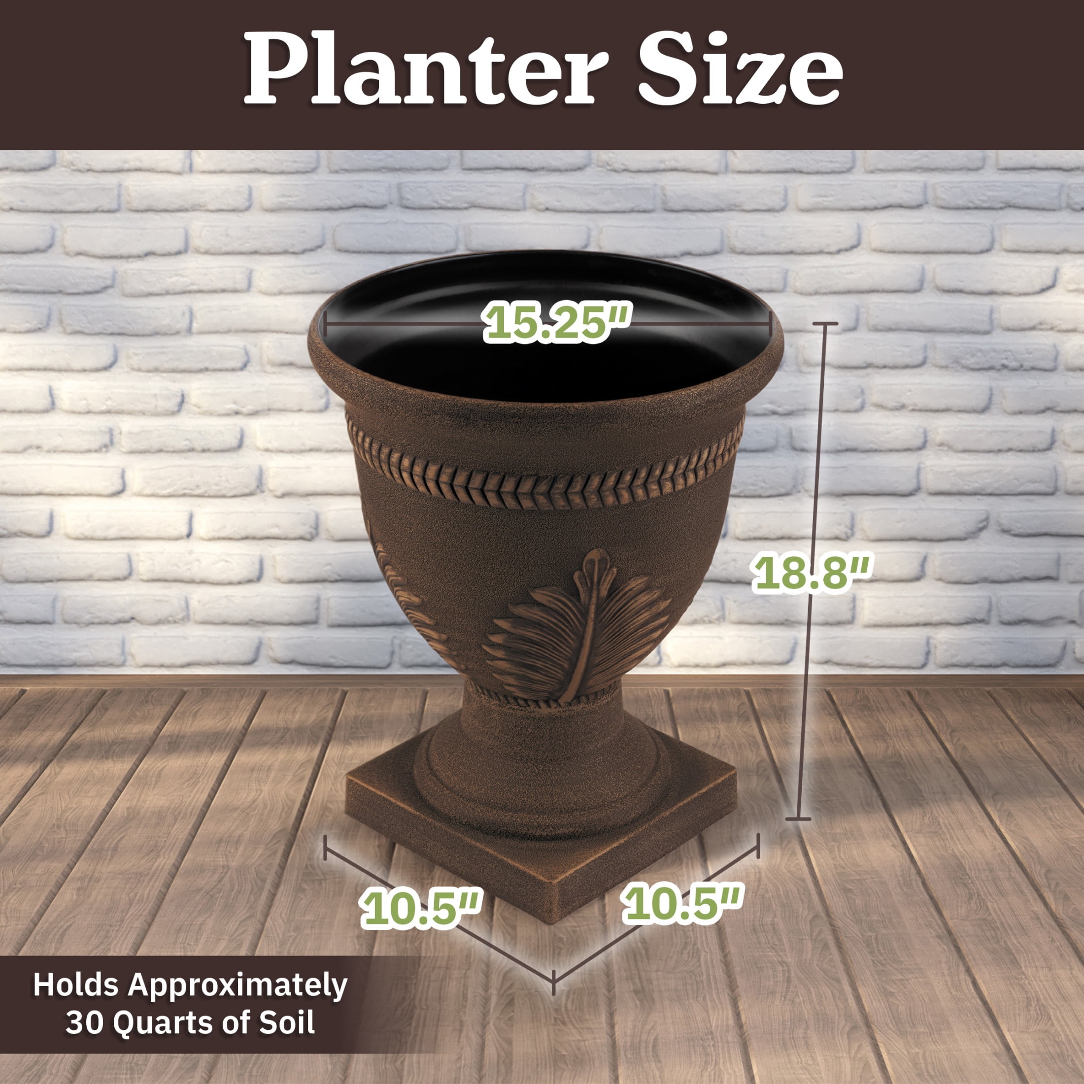 Pure Garden Outdoor Planter 2-Pack - 15.25x18.8in Large Plastic Urn Planters with Drainage, Bronze