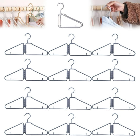 Foldable Coat Hanger, 12 Pack - Portable Travel Hangers, Space Saving Fold in Half Design, Lightweight Plastic Hangers for Coat & Clothing (Gray)