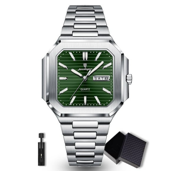 POEDAGAR Casual Square Men's Waterproof Luminous Date Week Stainless Steel Quartz Wrist Watches for Men