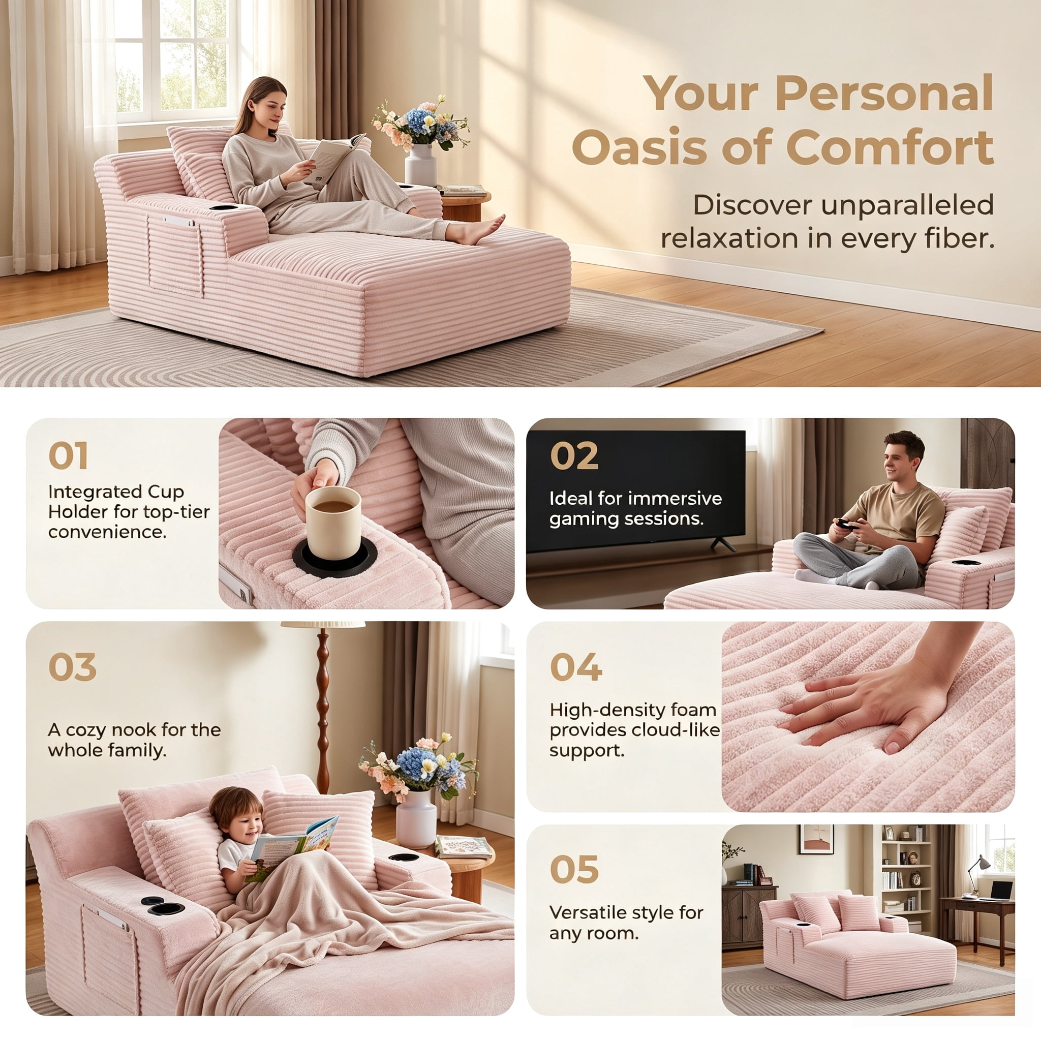ShiKeyi 66'' Chaise Lounge Chair Indoor, Boneless Sofa Cloud, Plush Corduroy Chaise Couch with Cup Holders, Side Storage Pocket & Pillows, No Assembly Required, Pink