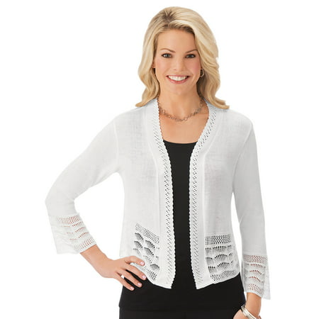 Women's Pointelle Bell Sleeve Shrug with Open Front and 3/4 Sleeves, Layer Over Outfit, X-Large, White - Made in the