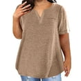 thumbnail image 2 of Plus Size Shirts Color Block Gradient Print V Neck Top Shirt Short Sleeve Loose Blouse Women's Plus Size Tops Khaki XXXXXL, 2 of 7