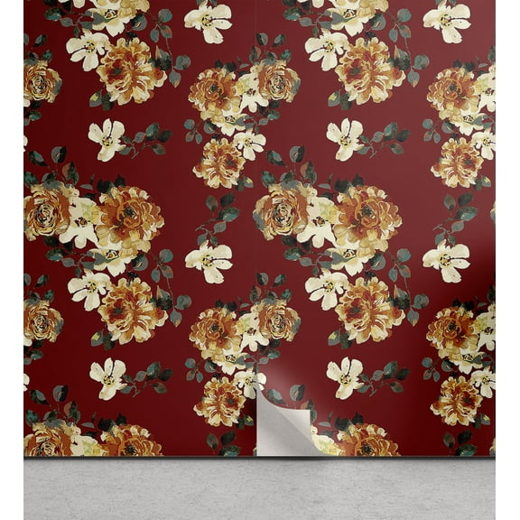 Ambesonne Floral Peel & Stick Wallpaper for Home, Retro Botanical Pattern Wild, 13"x36", Ruby Amber Grey Teal