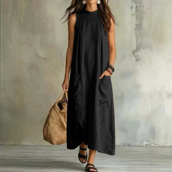 ClodeEU Women's Mock Neck Sleeveless Dress with Pockets,Elegant Casual Loose Fit Summer Midi Dress Black,Women's Plus L