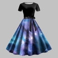 thumbnail image 2 of COMVALUE Women's Sun Moon Star Galaxy A-Line Dress Short Sleeve High Waisted Belted Midi Dress (Sky Blue, L), 2 of 4