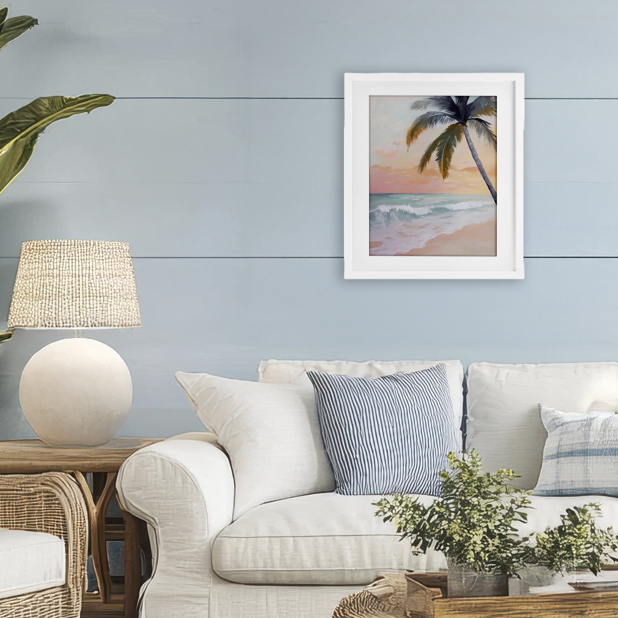 Stupell Industries Tranquil Sunset & Beach Palm White Framed Print Under Glass, design by Creative Studio