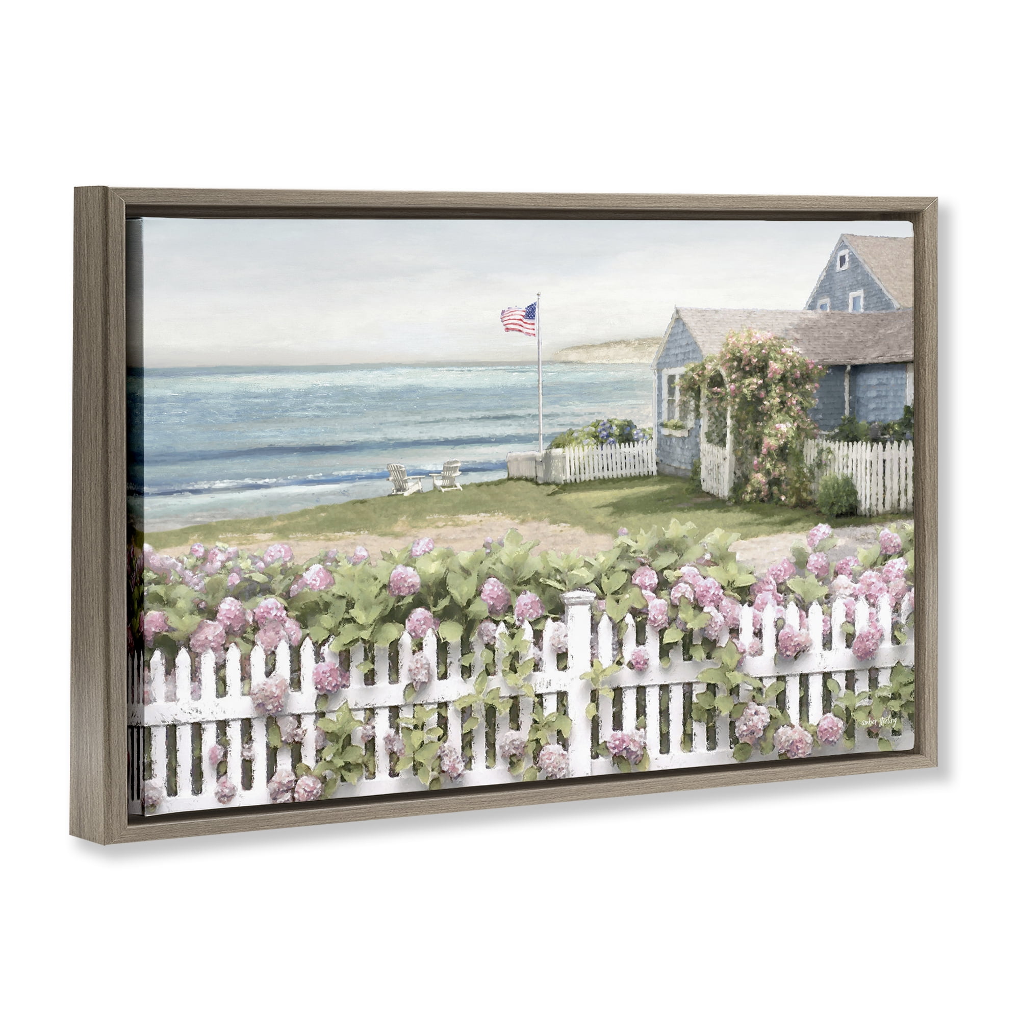Stupell Industries Coastal Bay Cottage Landscape & Nature Painting Brown Floater Framed Canvas Art Print Wall Art, 31 x 21