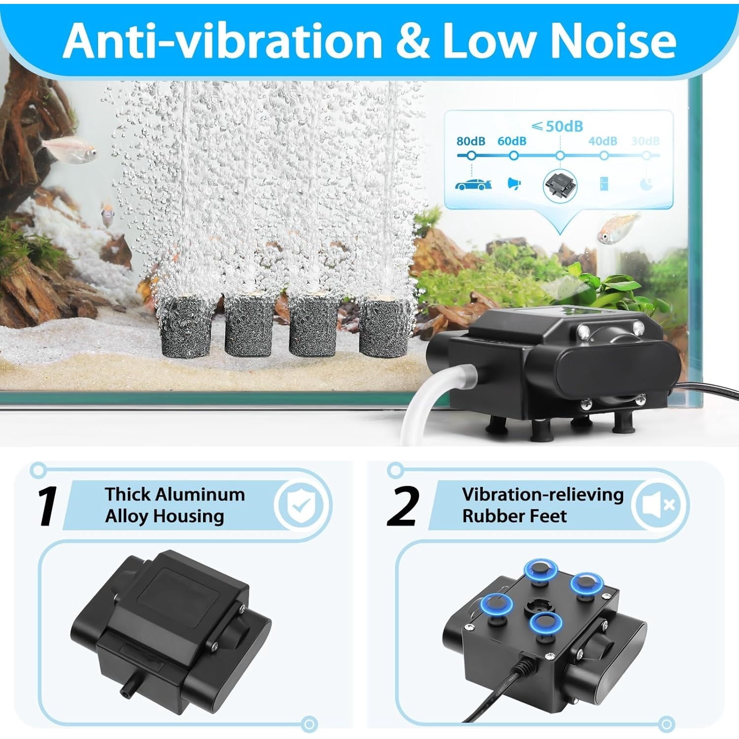Powerful Aquarium Air Pump Adjustable Fish Oxygen Aerator Pump for Basement Aquarium Ponds Hydroponic 4 Outlets Commercial Air Pump Bubbler with Accessories for Fish Tank Up to 600Gal(10W,237GPH)